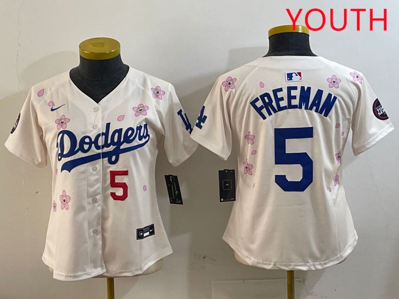 Youth Los Angeles Dodgers #5 Freeman Cream Sakura Edition 2025 Nike MLB Jersey style 7->youth mlb jersey->Youth Jersey